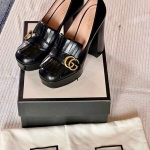 Gucci Black Platform Loafers with Gold Accents